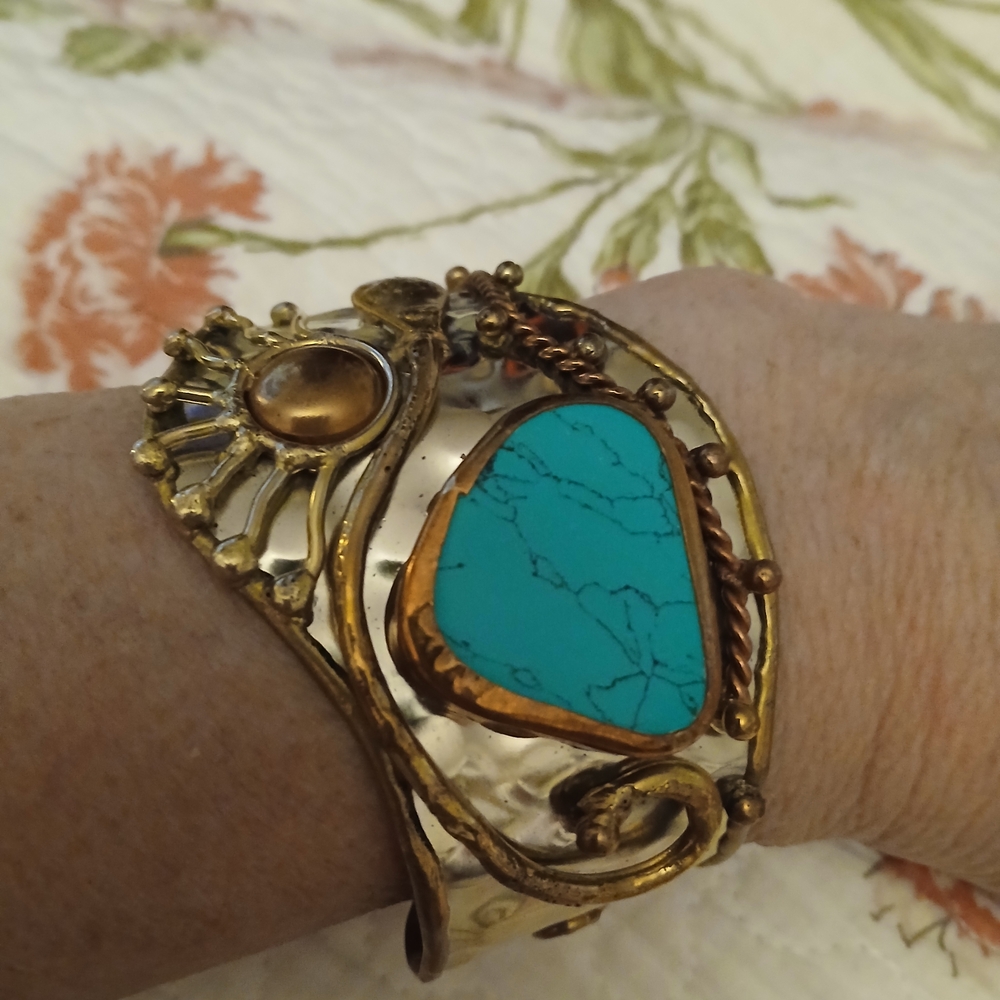 Vintage Bohemian Cuff Bracelet Copper &  Brass Hand Hammered  1970s